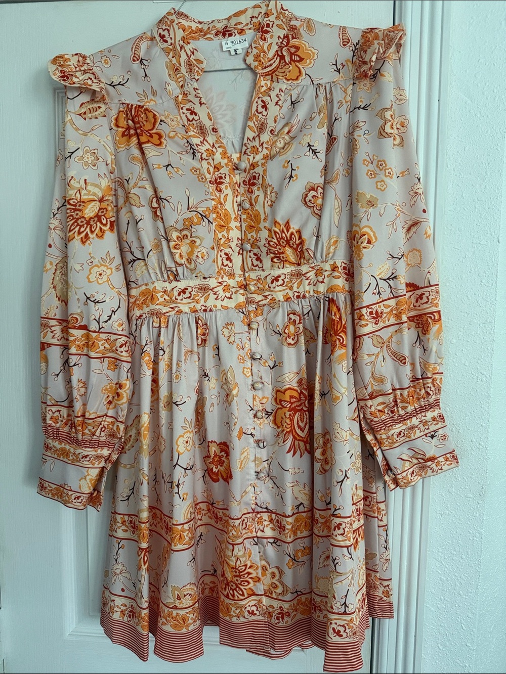 Amazon Floral Long-Sleeve Mini Dress in Rust & Cream